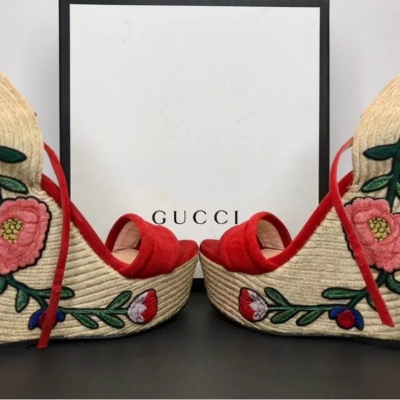 New Authentic Gucci Embroidered Floral Platform Wedges Women Size US 8.5 - Picture 5 of 5